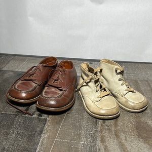 Vintage 50s Childrens Leather Lace Up Shoes Neolite Brown Pair and White